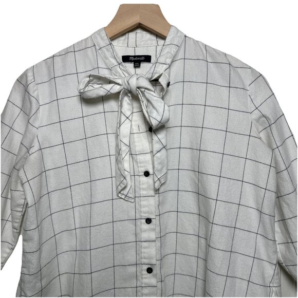 Madewell Flannel Tie Neck Shirt Windowpane XXS Relaxed Fit White Black Button Up - Picture 7 of 12